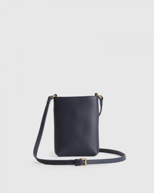 Italian Pebbled Leather Phone Crossbody - Navy